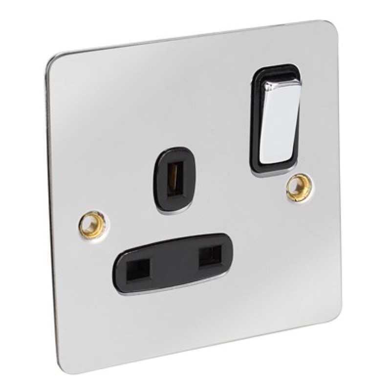 Flat Plate 13Amp 1 Gang Switched Socket Single Pole *Chrome/Blac - Click Image to Close